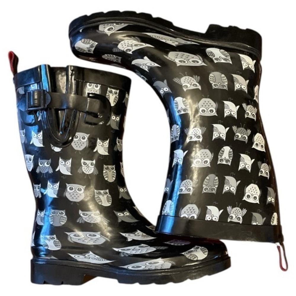 Capelli of New York Rain Boots Owl Graphic Black White Womens 6 Whimsigoth Fairy